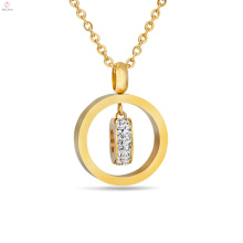 Gold Stainless Steel Crystal Round Pendant Necklace